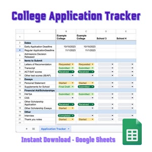 May include: A Google Sheets spreadsheet template for tracking college applications. The spreadsheet includes columns for dates, items to submit, and different colleges. The spreadsheet is titled "College Application Tracker" and has a green Google Sheets icon in the bottom right corner.