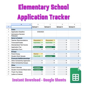 May include: A Google Sheets spreadsheet with a blue and white color scheme. The spreadsheet is titled "Elementary School Application Tracker" and has columns for dates, items to submit, essays, financial aid/scholarships, other, and four different schools. The spreadsheet is designed to help track the application process for elementary schools.