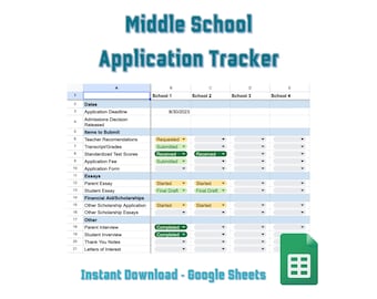 Puede incluir: Una hoja de cálculo de Google Sheets con un esquema de color azul y verde. La hoja de cálculo se titula "Middle School Application Tracker" e incluye columnas para fechas, escuela 1, escuela 2, escuela 3 y escuela 4. La hoja de cálculo se utiliza para realizar un seguimiento del estado de las solicitudes para la escuela intermedia.