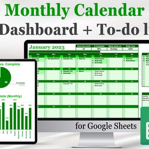 Modèle de calendrier mensuel pour Google Sheets (version tableau de bord + liste de tâches et liste de contrôle), calendrier Google Doc, suivi des tâches numériques + graphiques