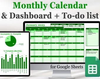 Monthly calendar template for Google Sheets (Dashboard version + to-do list & checklist), Google Doc calendar, digital task tracker + charts