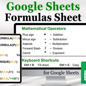 Può includere: Una guida di riferimento digitale intitolata Google Sheets Formulas Sheet visualizzata su un monitor di computer e un tablet. Lo schermo mostra operatori matematici, scorciatoie da tastiera e formule come ARRAYFORMULA, UNIQUE e COUNTIF.