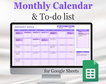 Monthly calendar template + to-do list and checklist for Google Sheets, year calendar, digital, Google Doc calendar