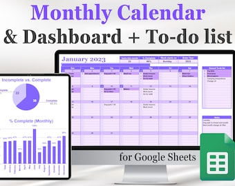 Monthly calendar template for Google Sheets (Dashboard version + to-do list & checklist), Google Doc calendar, task tracker + charts