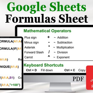 May include: A digital Google Sheets Formulas Sheet guide displayed on a computer monitor and a tablet screen. The content includes mathematical operators, keyboard shortcuts, and various spreadsheet formulas like ARRAYFORMULA and COUNTIF.