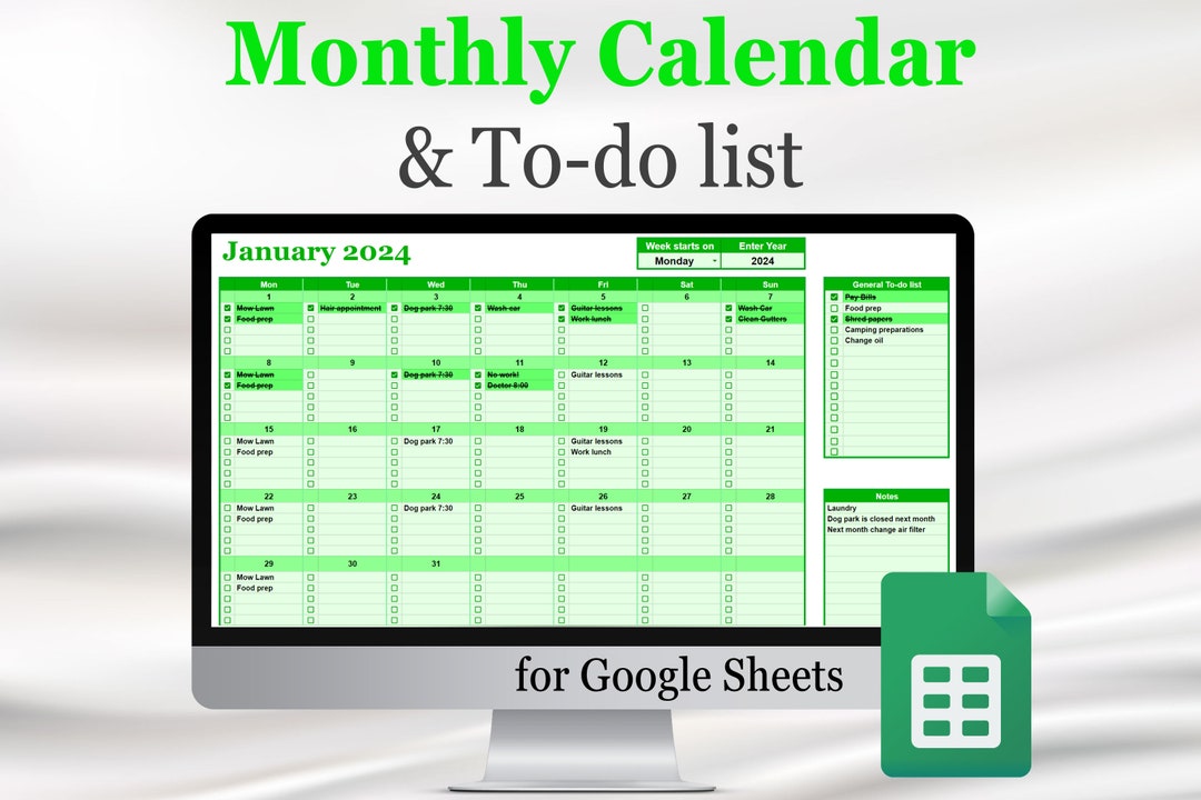 Monthly Calendar Template and To-do List for Google Sheets, Year ...