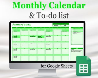 Monthly calendar template and to-do list for Google Sheets, year calendar, checklist, digital, Google Doc calendar