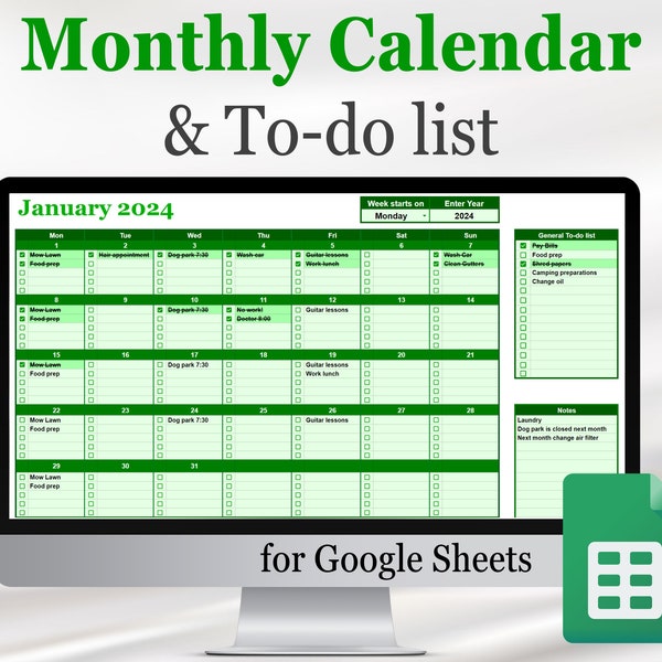 Monthly calendar template + to-do list for Google Sheets (+ checklist), Google Doc calendar, year calendar, digital