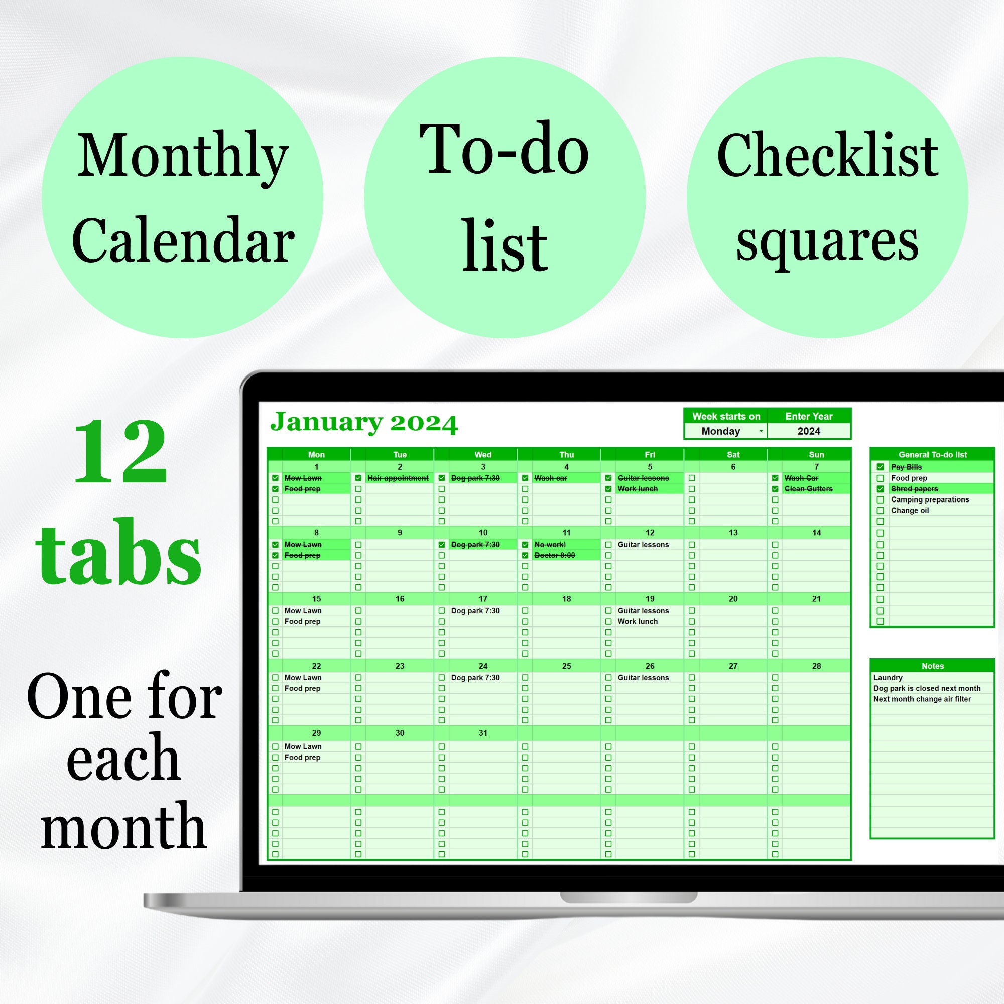 Monthly Calendar Template and To-do List for Google Sheets, Year ...