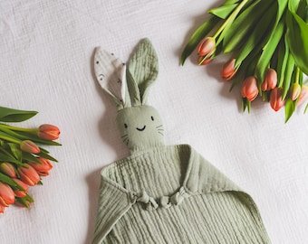 Personalisierbares Baby Musselin Schnuffeltuch Hase Schmusetuch Lieblingstier Kuscheltier Baby New Born Hallo Welt Stofftier