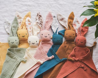 Musselin Schnuffeltuch Hase Schmusetuch für Babys Lieblingstier Kuscheltier New Born Stofftier Ohren Ostern personalisiert