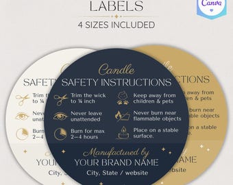 May include: Circular candle safety labels in cream, navy blue, and gold. The labels include safety instructions, such as trimming the wick and keeping away from children and pets. The text "Candle Safety Labels" and "4 Sizes Included" are at the top.