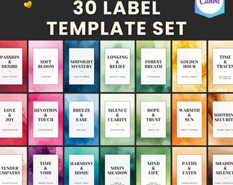 Zestaw etykiet na słoiki ze świecami z akwarelowym tłem, 30 edytowalnych szablonów etykiet produktów, Canva