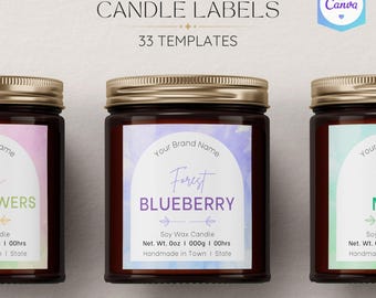 Zestaw edytowalnych szablonów etykiet na świece Canva – 24 wzory akwarelowe (3 rozmiary) + etykiety ostrzegawcze i pielęgnacyjne na świece – zestaw etykiet na produkty