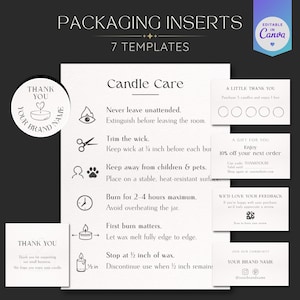 Peut inclure: Ensemble d'encarts d'emballage blancs avec du texte pour les instructions d'entretien des bougies, les notes de remerciement et les commentaires des clients. Les encarts incluent un autocollant rond avec un cœur et un bol, et un logo Canva.