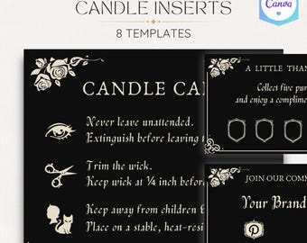 Zestaw wkładek do opakowań świec, 9 edytowalnych szablonów Canva, styl gotycki, mroczny romantyczny, pielęgnacja świec i karta lojalnościowa