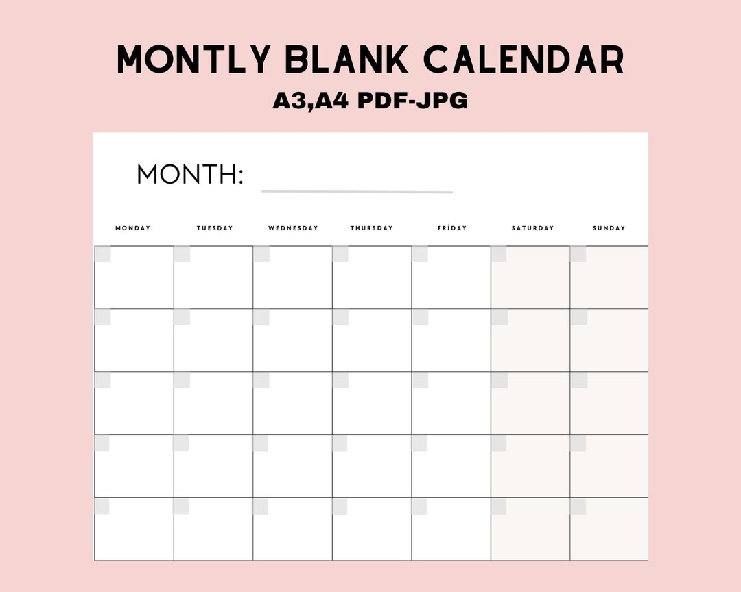 Blank Monthly Printable Calendar A3 A4 - Etsy