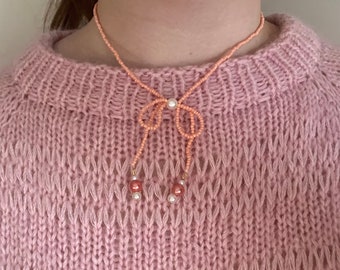 Peachy Pink Handmade Beaded Pearl Necklace Choker with Bow Jewellery Personalised Plus Size Friendly Flower Coquette