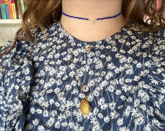 Royal Blue and Gold Handmade Beaded Pearl Necklace Choker with Bead Design Jewellery Personalised Plus Size Friendly