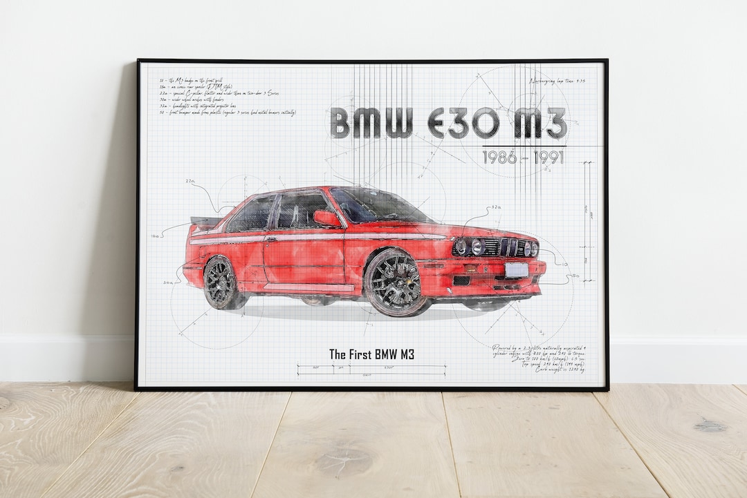 BMW E30 М3 Poster Technical Drawing Garage Art Print Vintage - Etsy