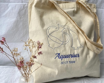 Jute bag embroidered with zodiac sign - Personalized fabric bag made of cotton with embroidered zodiac sign and date of birth