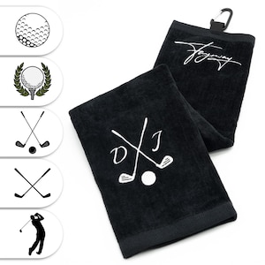 Fayrway Golf Towel with Initials Embroidered, Black Personalized cotton golf towel with carabiner for hanging image 2