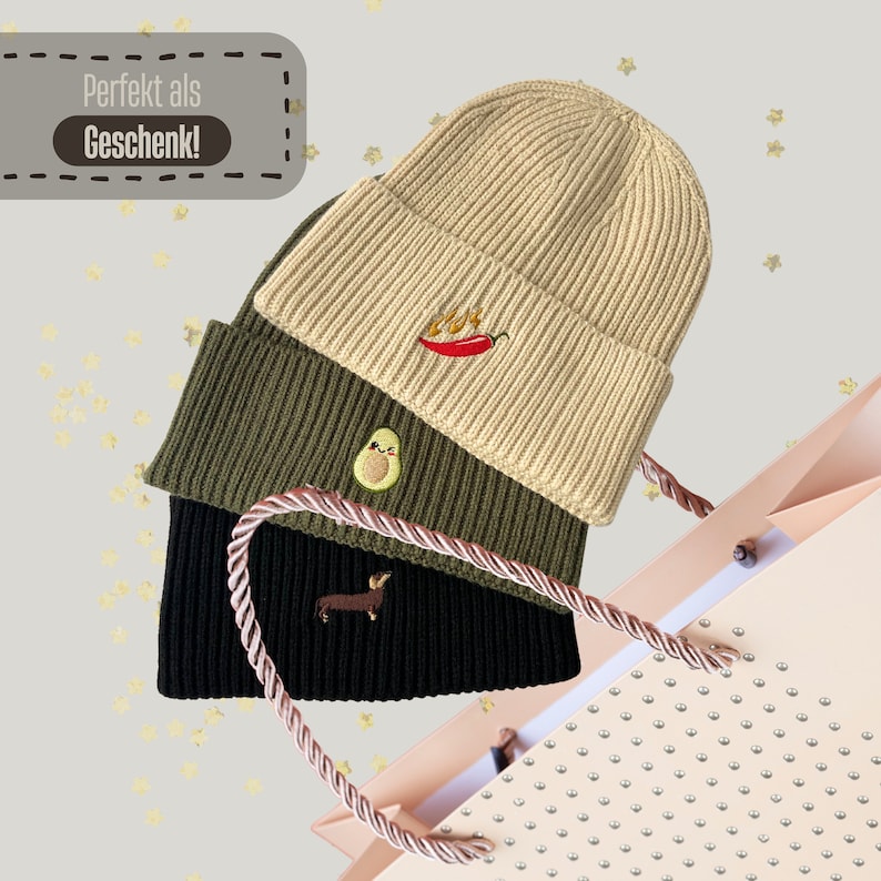 Mütze mit Motiv bestickt Personalisierte Beanie aus hochwertigem Strick als außergewöhnliche Geschenkidee grob Bild 7