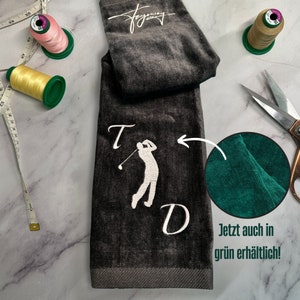 Fayrway Golf Towel with Initials Embroidered, Black Personalized cotton golf towel with carabiner for hanging image 1