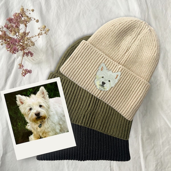 Mütze mit Hundeportrait Bestickt - Personalisierte Beanie aus hochwertigem Strick als außergewöhnliche Geschenkidee (grob)