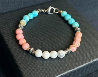 7” Blue / Pink Turquoise Reconstructed with Australian Sea Shell & Howlite Bracelet - 6mm Natural Gemstone Beads - Healing Crystal Jewelry