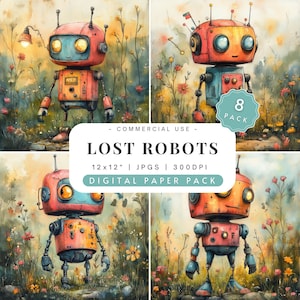 May include: A digital paper pack with 8 watercolor illustrations of vintage robots in a field of flowers. The robots are red, blue, and yellow with a distressed look. The illustrations are 12x12 inches and 300 DPI.