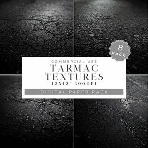 Puede incluir: Un conjunto de 8 texturas de papel digital que presentan imágenes de primer plano de asfalto negro con grietas e imperfecciones.  USO COMERCIAL TEXTURAS DE TARMAC 12X12 - 300DPI PACK DE PAPEL DIGITAL