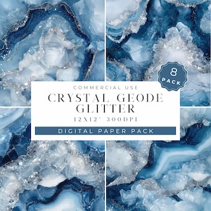 Peut inclure: Un pack de papier numérique avec 8 motifs de géodes de cristal bleu et argenté avec des paillettes. Les motifs mesurent 12x12 pouces et 300 DPI. Utilisation commerciale autorisée.