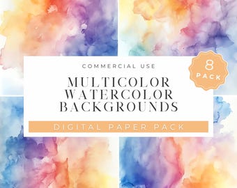 Multicolor Watercolor Texture Backgrounds Digital Paper Pack 8 High Resolution 300DPI 12x12 JPGs Scrapbooking Crafts Junk Journals Cards Art
