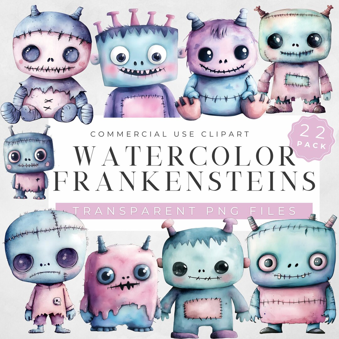 Spooky Watercolor Frankenstein Clip Art: 22 PNG Images (digital ...