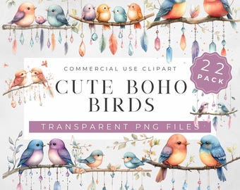 Boho Birds Clip Art: Watercolor PNG Images (Digital Download)