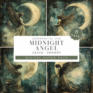 Puede incluir: Un paquete de papel digital con 8 imágenes de un ángel celestial con alas, una luna creciente y estrellas sobre un fondo azul y verde. El texto "COMMERCIAL USE MIDNIGHT ANGEL 12X12 - 300DPI DIGITAL PAPER PACK" está en la imagen.