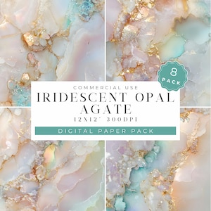 May include: A digital paper pack featuring 8 iridescent opal agate patterns. The patterns are in shades of pink, blue, and gold. The text on the image reads "Commercial Use Iridescent Opal Agate 12x12 - 300dpi Digital Paper Pack".