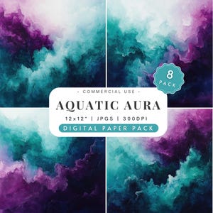 May include: A digital paper pack with 8 abstract watercolor designs in shades of teal, blue, and purple. The pack is called "Aquatic Aura" and is for commercial use. The papers are 12x12 inches and 300 DPI.