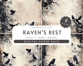 Fondos de textura desgastada gótica oscura de Raven's Rest, paquete de 8 papeles digitales, 300 DPI, 30 x 30 cm, JPG, para álbumes de recortes, diarios basura, cuervos espeluznantes vintage