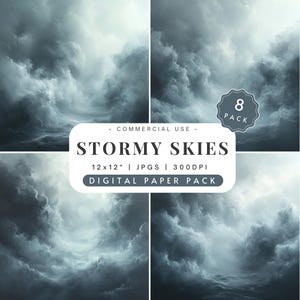 Könnte beinhalten: Ein digitales Papierpaket mit 8 Bildern von stürmischen Himmel. Jedes Bild ist 30,5 cm x 30,5 cm groß und hat eine Auflösung von 300 DPI. Die Bilder eignen sich perfekt für die Erstellung digitaler Kunst, Scrapbooking und anderer kreativer Projekte.