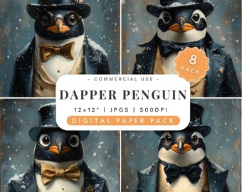 Dapper Penguin Elegant Suit Top Hat Texture Backgrounds Digital Paper Pack 8 High Res 300DPI 12x12" JPG Scrapbook Junk Journal Greeting Card