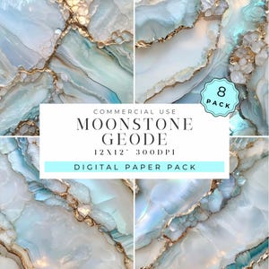 Puede incluir: Un paquete de papel digital con 8 patrones abstractos de texturas de geoda de piedra lunar azul y dorada. El paquete es para uso comercial e incluye imágenes de 30,5 x 30,5 cm, 300 DPI.