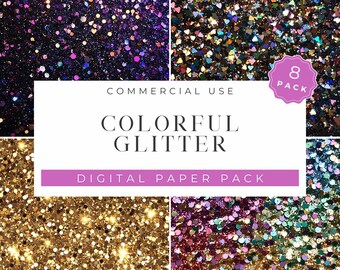 Colorful Glitter Digital Paper Pack 8 High Resolution Backgrounds 300DPI 12x12 JPG Scrapbooking Cards Invitations Junk Journals Printable