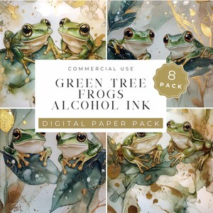 May include: A digital paper pack featuring eight images of green tree frogs on a white background with gold accents. The text "COMMERCIAL USE GREEN TREE FROGS ALCOHOL INK DIGITAL PAPER PACK 8 PACK" is displayed on the image.