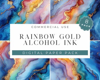 Papel digital com tinta de álcool dourada arco-íris: 8 fundos com textura de mármore (download digital)