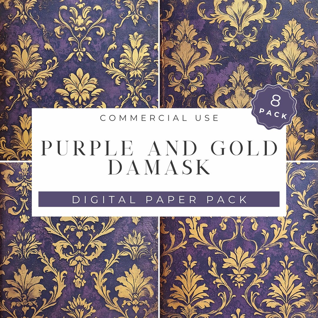 Purple & Gold Damask Grunge Digital Paper Pack 8 High Resolution Grunge ...
