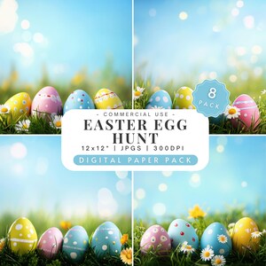 May include: Eight digital paper backgrounds featuring colorful Easter eggs in a grassy field with a blue sky and white bokeh. The text "COMMERCIAL USE EASTER EGG HUNT 12x12" | JPGS | 300DPI DIGITAL PAPER PACK" is displayed in the center of the image.
