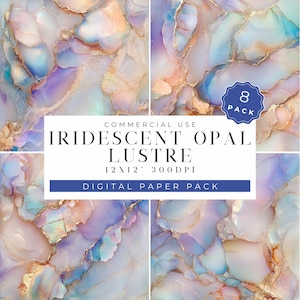 May include: A digital paper pack with 8 iridescent opal lustre patterns. The patterns are in shades of pink, blue, and white with gold accents. The pack is for commercial use and is 12x12 inches at 300 DPI.