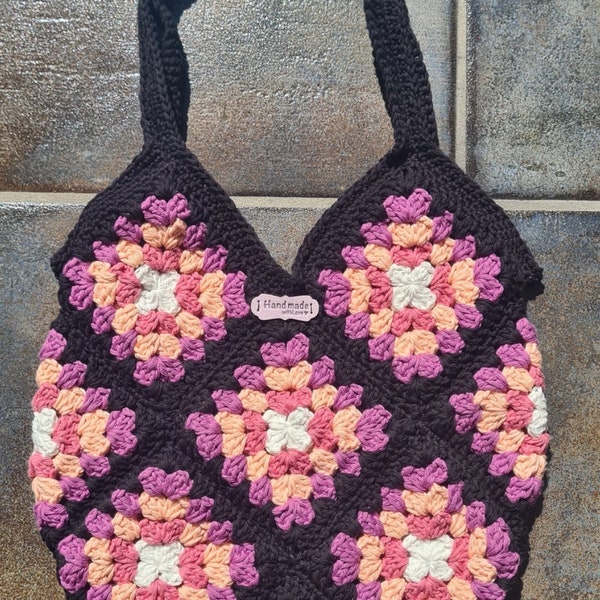 Granny Square Häkeltasche aus 100% Baumwolle, selbstgemacht, stabile Henkel